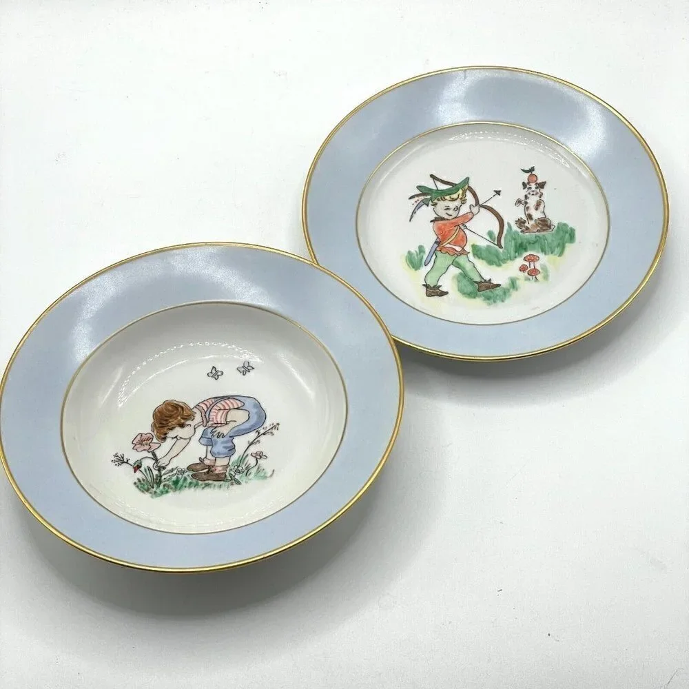 Vintage Signed 1954 Denmark Ceramic Hand Painted Blue Rim Child's Plate Bowl Set